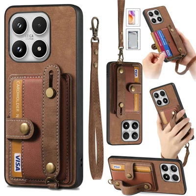 For Xiaomi 17 Case Wristband Kickstand Retro PU Leather Back Phone Cover with Card Holder + Tempered Glass Screen Protector - Brown