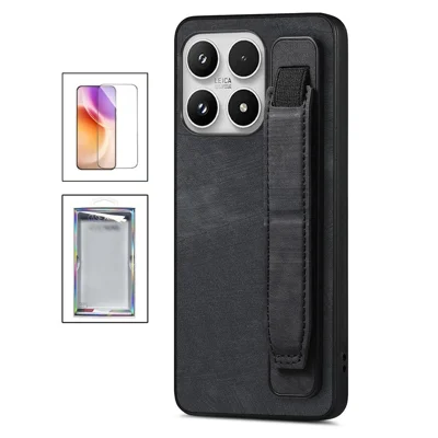 For Xiaomi 17 Case with Tempered Glass Screen Protector Wristband Kickstand Retro Leather + TPU Anti-Drop Phone Cover - Black