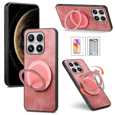 For Xiaomi 17 Case with Tempered Glass Screen Protector Stress Relief Kickstand Retro Leather Phone Back Cover - Pink