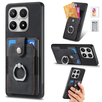 For Xiaomi 17 Case with Tempered Glass Screen Protector Card Slots PU Leather Ring Holder Kickstand Back Cover - Black