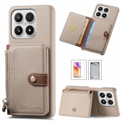 For Xiaomi 17 Case Zipper Card Holder Kickstand Litchi Texture Leather Back Cover with Tempered Glass Screen Protector - Khaki
