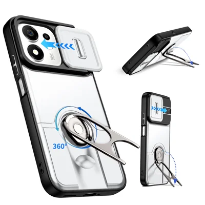  Coque pour Honor X7e Plus 4G / Honor X7e Plus 5G / Honor 600 Smart 5G avec couvercle coulissant pour caméra, support pivotant, coque de protection PC + TPU - Argent