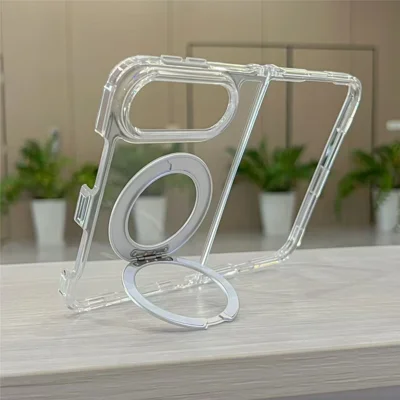 For iPhone Duo Case Magnetic Foldable Kickstand Clear PC Shockproof Phone Cover - Transparent