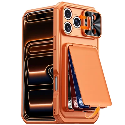 Obudowa na iPhone'a 18 Pro / 17 Pro z przesuwaną osłoną obiektywu, blokowaniem RFID, magnetyczną podpiętą na kartę, z materiału PC + TPU - Pomarańczowa