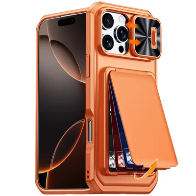 For iPhone 16 Pro Max Case Slide Lens Cover RFID Blocking Magnetic Card Holder PC + TPU Phone Shell - Orange