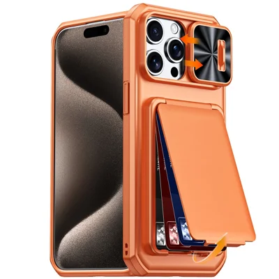 For iPhone 15 Pro Max Case Slide Lens Cover RFID Blocking Magnetic Card Holder PC + TPU Phone Shell - Orange