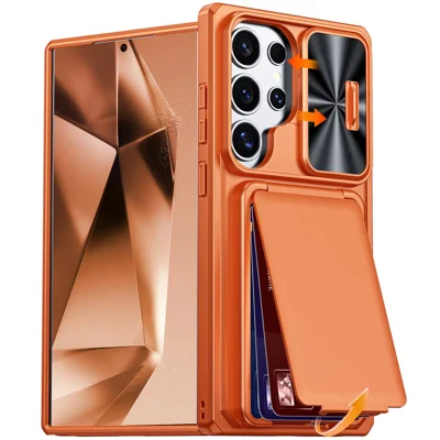 For Samsung Galaxy S24 Ultra Case Slide Lens Cover RFID Blocking Magnetic Card Holder PC + TPU Phone Shell - Orange
