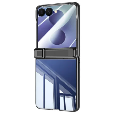 For Samsung Galaxy Z Flip8 Case with HD Clear Tempered Glass Film, Hinge Kickstand Electroplating PC Phone Cover - Black