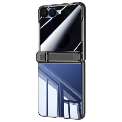 For Samsung Galaxy Z Flip8 Case with Anti-Spy Tempered Glass Film, Hinge Kickstand Electroplating PC Phone Cover - Black