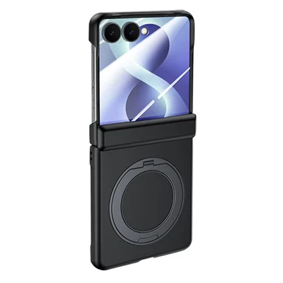 For Samsung Galaxy Z Flip8 Case Magnetic Rotating Kickstand Hard PC Phone Cover with HD Clear Tempered Glass Film - Black