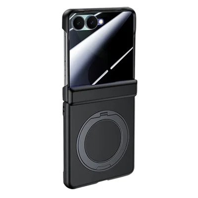 For Samsung Galaxy Z Flip8 Case Magnetic Rotating Kickstand Skin-touch PC Phone Cover with Privacy Tempered Glass Film - Black