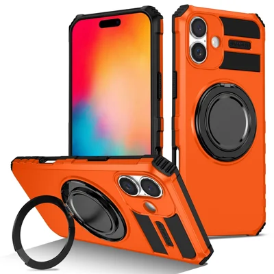 For iPhone 17 Magnetic Case Rotary Kickstand Anti-Drop TPU + PC Phone Cover - Orange