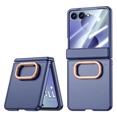 For Samsung Galaxy Z Flip8 Case with HD Screen Protector Ring Kickstand Hinge Protection Matte PC Phone Cover - Blue