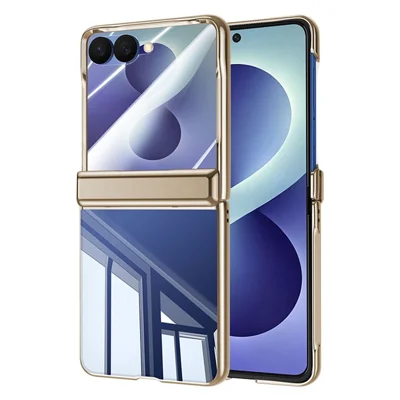 For Samsung Galaxy Z Flip8 Case with HD Clear Tempered Glass Film, Hinge Kickstand Electroplating PC Phone Cover - Gold