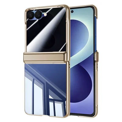 For Samsung Galaxy Z Flip8 Case with HD Clear Tempered Glass Film, Hinge Kickstand Electroplating PC Phone Cover - Gold