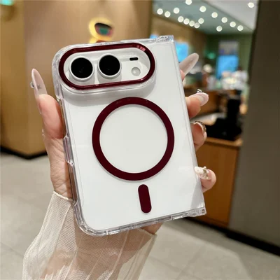 For iPhone Fold Magnetic Case Transparent PC Shockproof Folding Phone Cover with Raised Camera Rim - Wine Red
