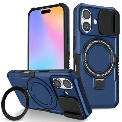 For iPhone 16 Magnetic Case Kickstand PC + TPU Phone Cover with Slide Camera Lid - Sapphire