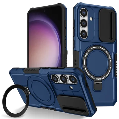 For Samsung Galaxy S25 Magnetic Case Kickstand PC + TPU Phone Cover with Slide Camera Lid - Sapphire