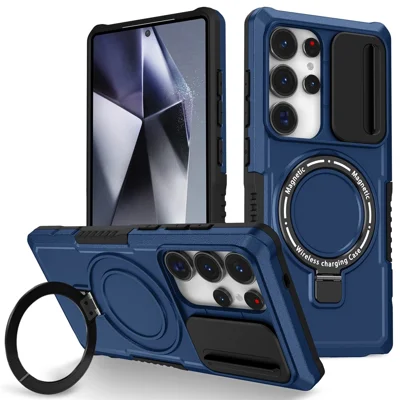 For Samsung Galaxy S25 Ultra Magnetic Case Kickstand PC + TPU Phone Cover with Slide Camera Lid - Sapphire