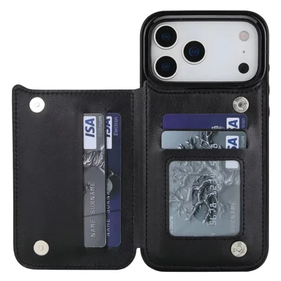 Pungtaske til iPhone 18 Pro Max / iPhone 17 Pro Max med magnetisk lukning, kortinddeling, lædertaske - Sort