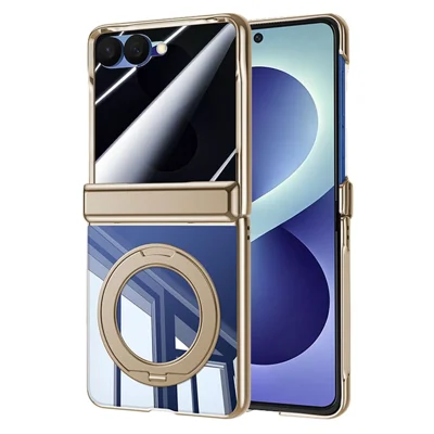 For Samsung Galaxy Z Flip8 Case with Anti-Spy Screen Film, Magnetic Rotating Kickstand Electroplating PC Phone Cover - Gold