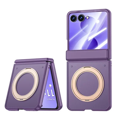 For Samsung Galaxy Z Flip8 Case with HD Clear Tempered Glass Film Magnetic Rotating Kickstand Skin-touch PC Phone Cover - Purple