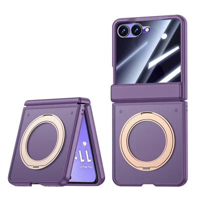 For Samsung Galaxy Z Flip8 Case with Anti-Spy Tempered Glass Film Magnetic Rotating Kickstand Skin-touch PC Phone Cover - Purple