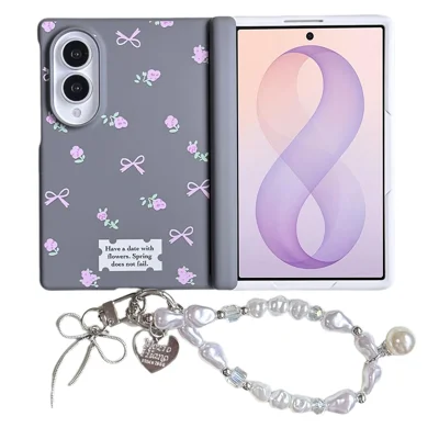 For Samsung Galaxy Z Fold8 Case Floral Pattern Hard PC Foldable Phone Cover with Pearl Wrist Strap - Pink Flower