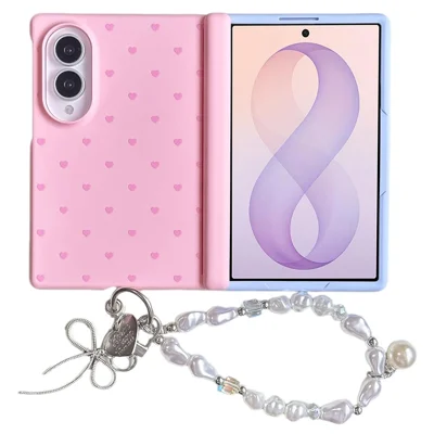 For Samsung Galaxy Z Fold8 Case Cute Pattern Hinge Protection PC Phone Cover with Pearl Lanyard - Pink / Heart