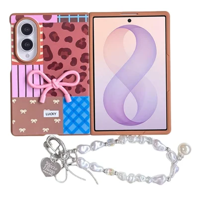 For Samsung Galaxy Z Fold8 Case Plaid Bowknot Pattern Hard PC Shell Phone Cover with Pearl Wrist Strap - Brown