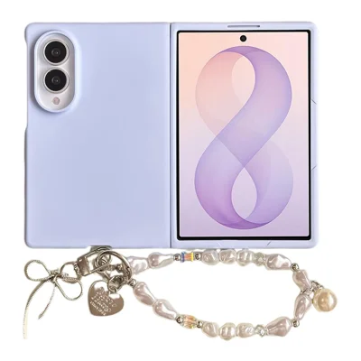Чехол для Samsung Galaxy Z Fold8, однотонный, из поликарбоната, для складного телефона, с защитой и жемчужным ремешком - сиренево-фиолетовый
