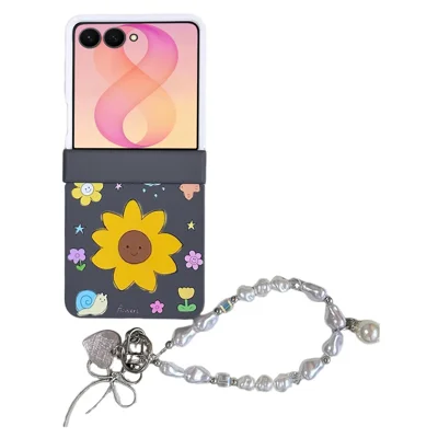 For Samsung Galaxy Z Flip8 Case Cute Sunflower Snail Pattern Hard PC Folding Phone Cover with Pearl Lanyard