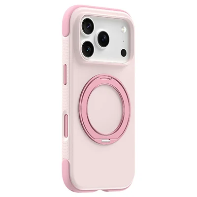 ZGA til iPhone 18 Pro Case Magnetisk roterende stander Flydende silikone + PC telefon dæksel Med behagelig overflade - Lyserød