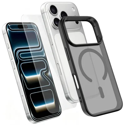Для iPhone 18 Pro Max / 17 Pro Max магнитный чехол TPU + PC с защитой экрана из высокопрочного алюмосиликатного стекла - Черный