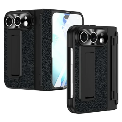 Hülle für iPhone Fold mit Scharnierschutz aus Leder + PC, stoßfest mit Displayschutz – Schwarz