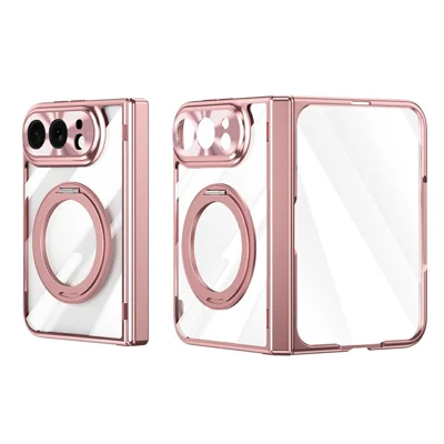 Coque pour iPhone Fold avec protecteur d'écran en verre trempé, anneau rotatif et support bureau en PC - Rose