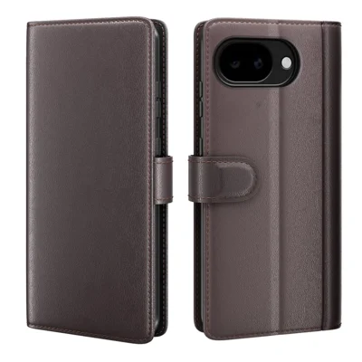 For Google Pixel 11a Case Genuine Split Leather Phone Cover with Wallet Stand - Brown