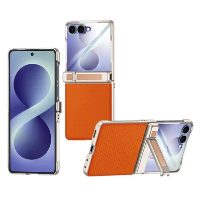 For Samsung Galaxy Z Flip8 Case Hinge Kickstand Tech Fabric Phone Back Cover with HD Clear Tempered Glass Film - Orange