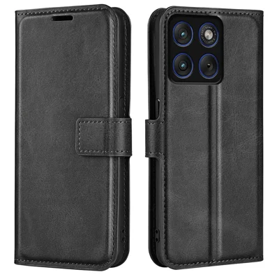 Für Motorola Edge 70 Max 5G Standtasche Kratzfeste Kalbsleder-Optik Ledertasche - Schwarz