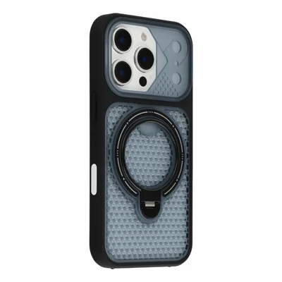 For iPhone 16 Pro Case Ring Kickstand Honeycomb Heat Dissipation PC + TPU Phone Cover - Black
