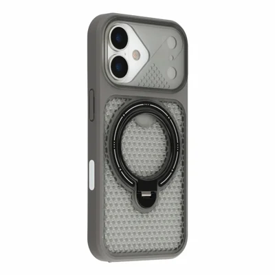 For iPhone 17 Case Ring Kickstand Honeycomb Heat Dissipation PC + TPU Phone Cover - Grey
