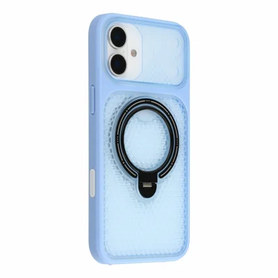 För iPhone 16 skal ringställ kickstand med honungsbikakekylning PC + TPU mobilskal - Blå