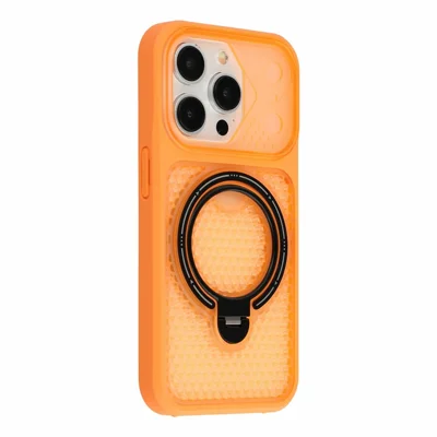 For iPhone 15 Pro Case Ring Kickstand Honeycomb Heat Dissipation PC + TPU Phone Cover - Orange