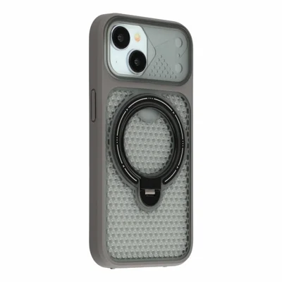 For iPhone 15 Plus Case Ring Kickstand Honeycomb Heat Dissipation PC + TPU Phone Cover - Grey