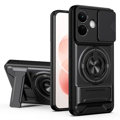 Magnetic Case For Xiaomi Redmi Note 17 4G (Global) / Note 17 5G (Global) / Note 17 (India / China) 5G  Ring Holder Foldable Kickstand TPU PC Phone Cover with Camera Lens Slider - Black