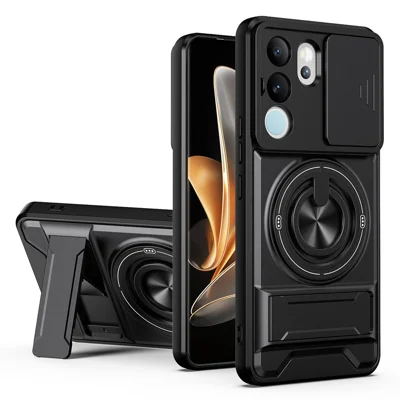 For vivo Y200 5G Magnetic Case Ring Holder Foldable Kickstand TPU PC Phone Cover with Camera Lens Slider - Black