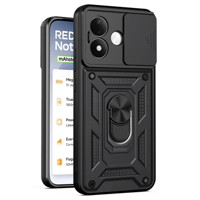 For Xiaomi Redmi Note 17 Pro 5G Case with Slide Camera Lid PC + TPU Kickstand Phone Cover - Black