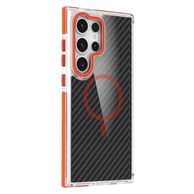 For Samsung Galaxy S24 Ultra Magnetic Case Carbon Fiber Texture Acrylic + TPU Contrast Design Phone Cover - Orange