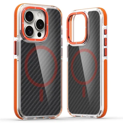 For iPhone 15 Pro Max Magnetic Case Carbon Fiber Texture Acrylic + TPU Contrast Design Phone Cover - Orange