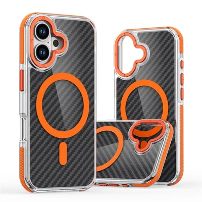 For iPhone 17 Magnetic Case Carbon Fiber Texture Acrylic + TPU Contrast Design Phone Cover - Orange